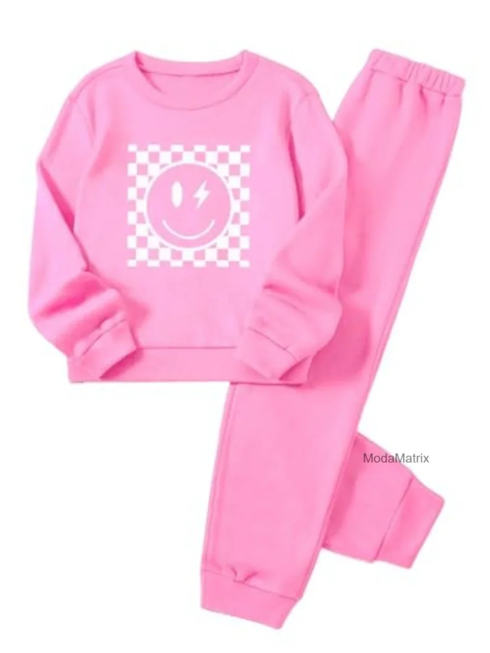 2 Piece Checkered Smile Face Long Sleeve Sweatshirt and Sweatpants Set